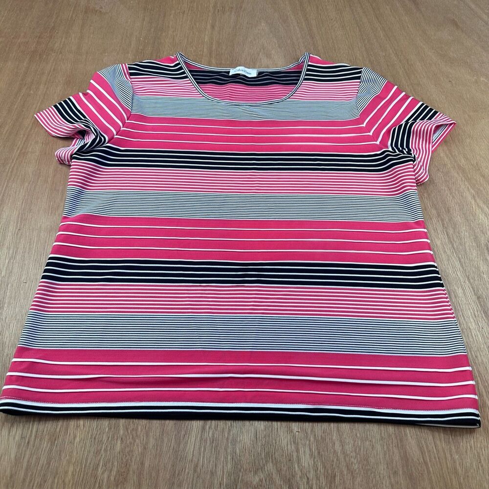 Calvin Klein Striped Top Womens M Pink Black Short Sleeve Stretch